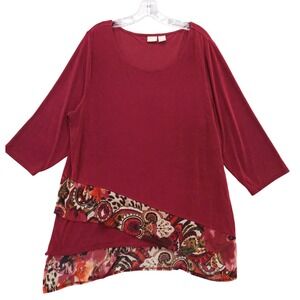 Chico's Travelers Tunic Top 4 US‎ Size 20/22 Red Paisley Layered 3/4 Sleeve